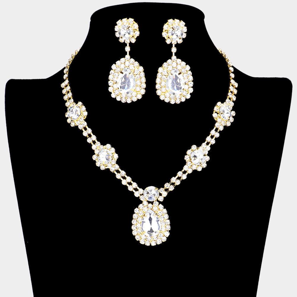 Gold Teardrop Accented Rhinestone Necklace