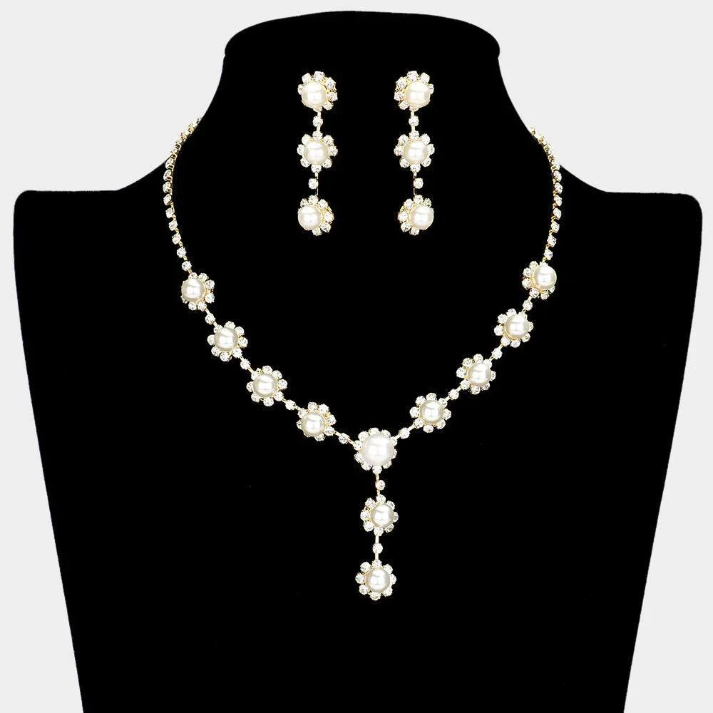 Cream Floral Pave Crystal Rhinestone Pearl Necklace - Jewelry Store by Erik Rayo