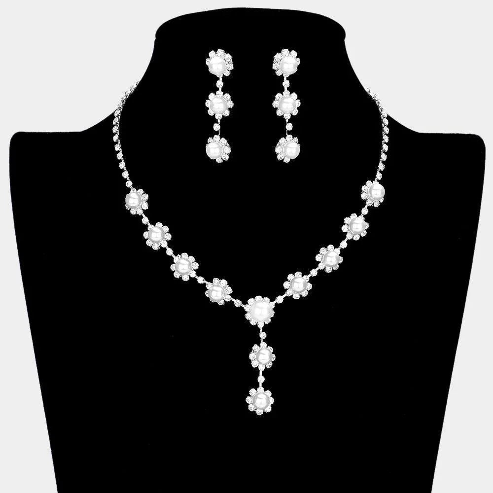 White Floral Pave Crystal Rhinestone Pearl Necklace - Jewelry Store by Erik Rayo