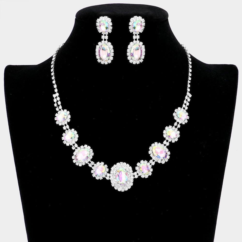 Silver Oval Stone Accented Rhinestone Trimmed Necklace