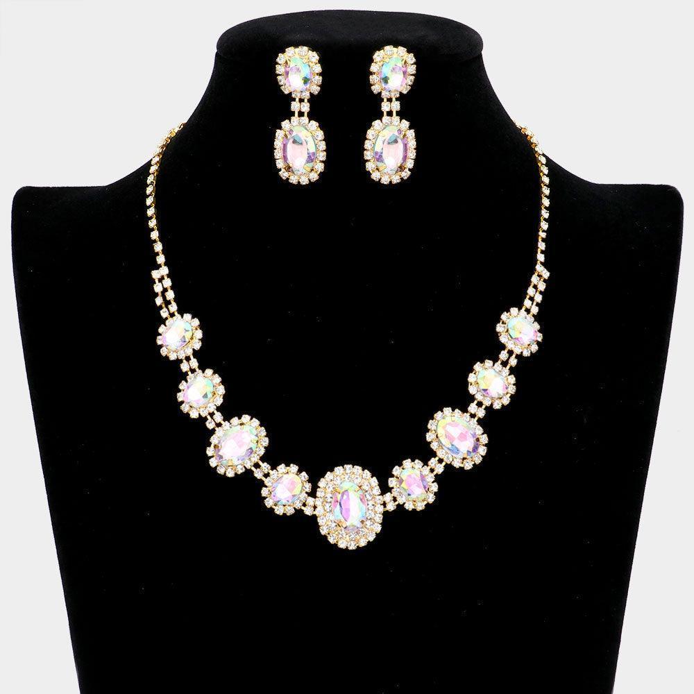 Gold Oval Stone Accented Rhinestone Trimmed Necklace