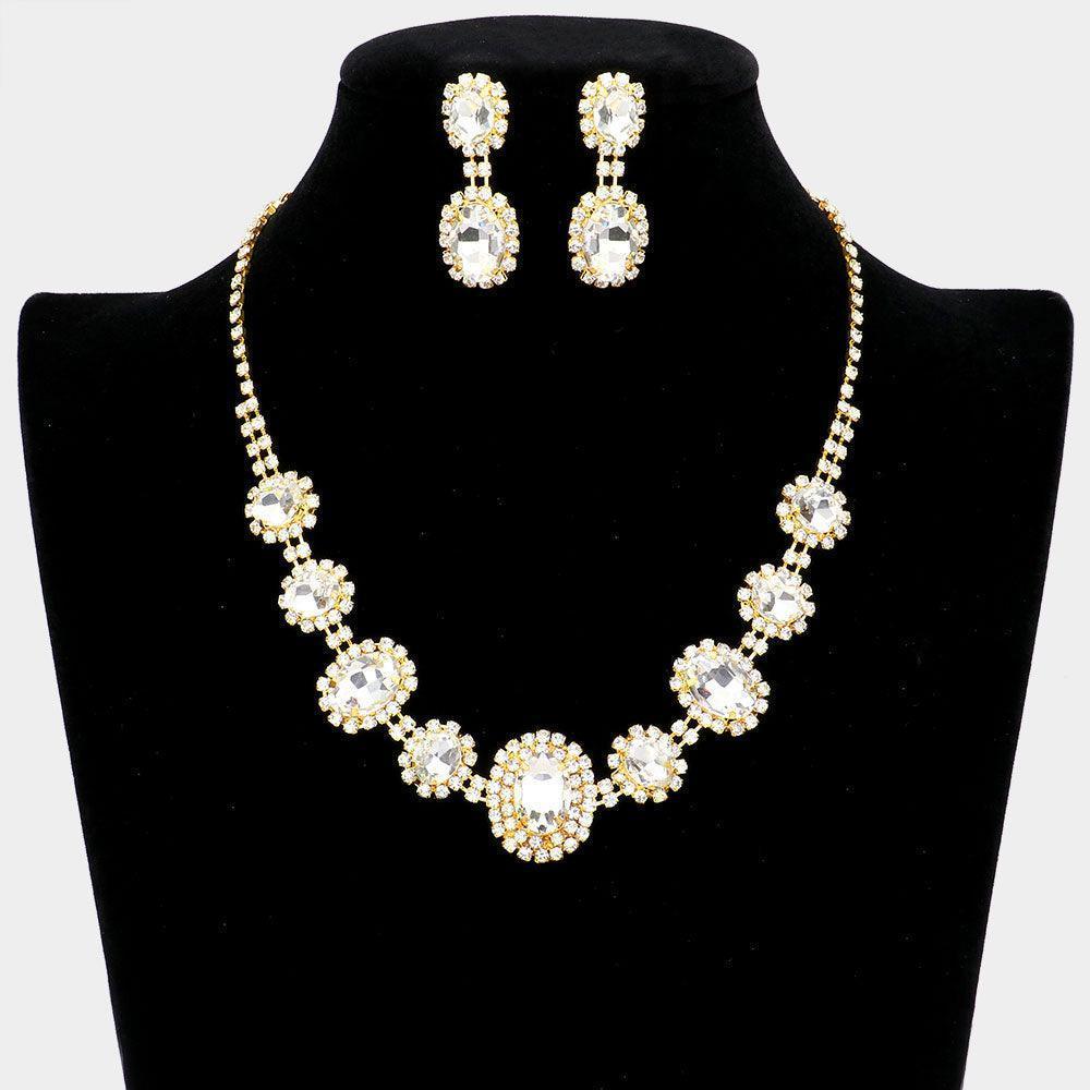 Gold Oval Stone Accented Rhinestone Trimmed Necklace - Jewelry Store by Erik Rayo
