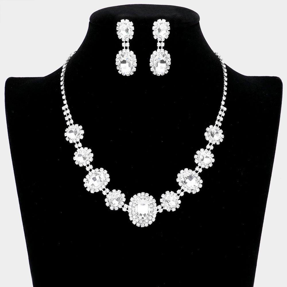 Silver Oval Stone Accented Rhinestone Trimmed Necklace