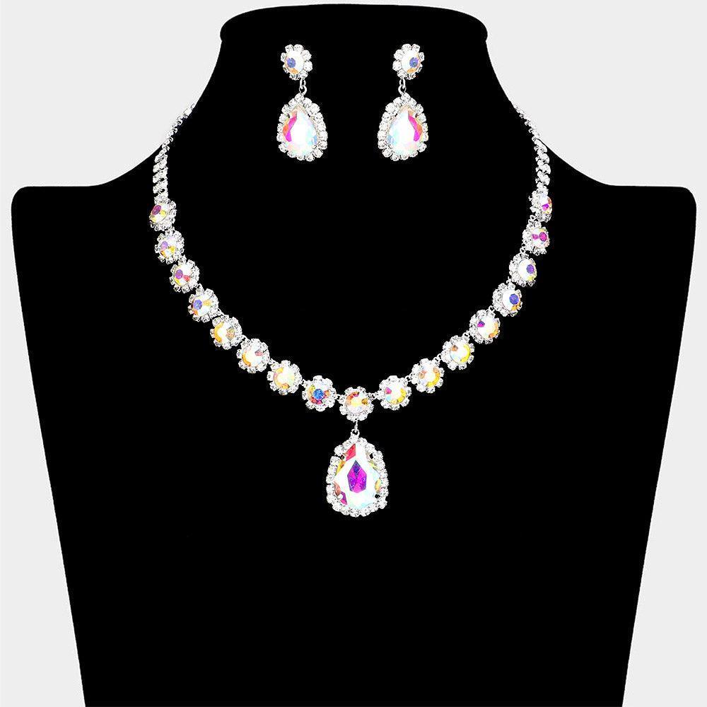 Floral Glass Teardrop Dangle Necklace Rhinestone Paved - Jewelry Store by Erik Rayo