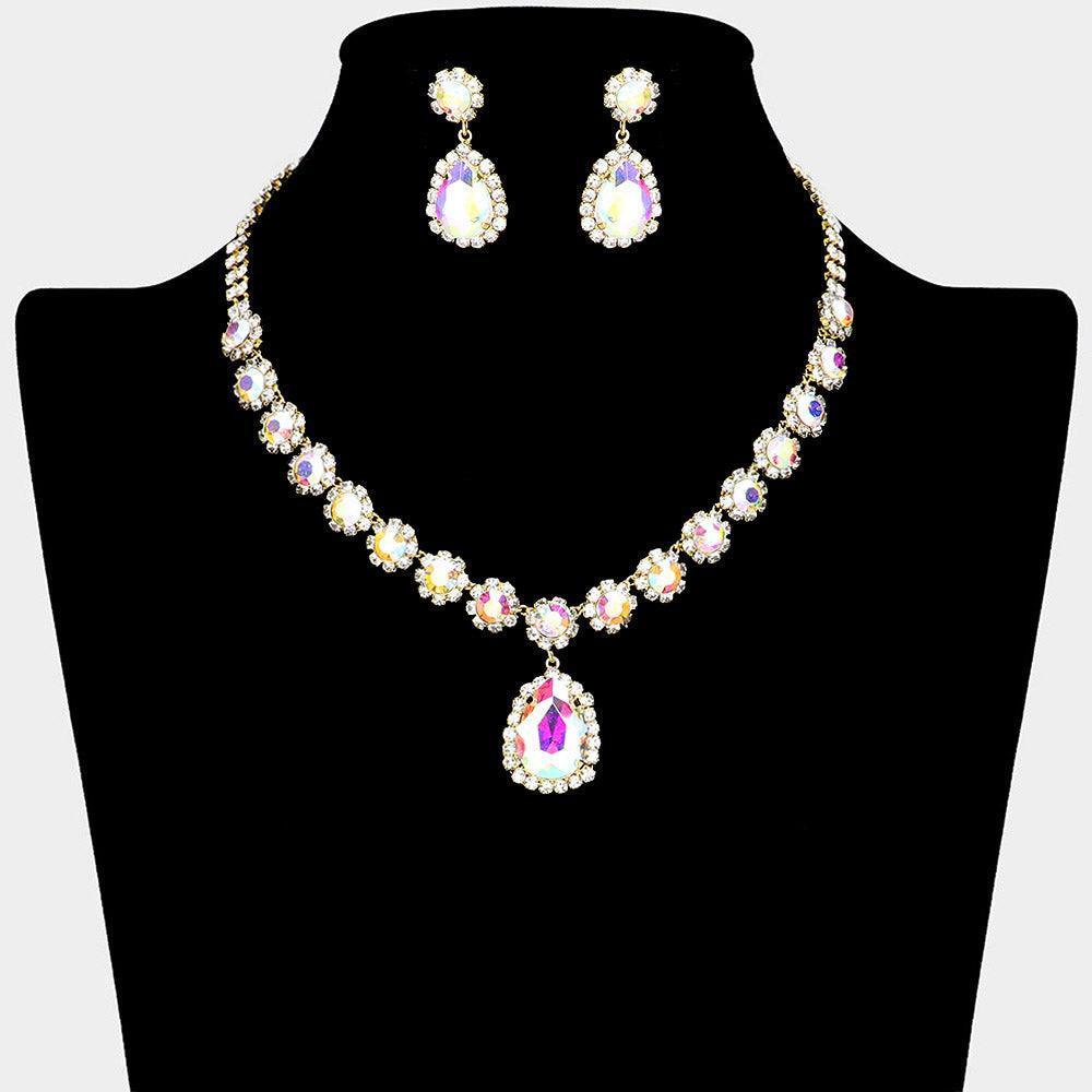 Gold Floral Glass Teardrop Dangle Necklace Rhinestone Paved - Jewelry Store by Erik Rayo