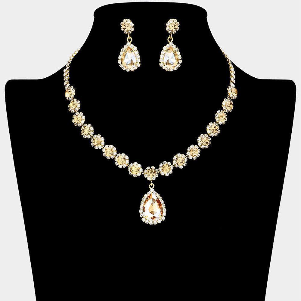 Gold Floral Glass Teardrop Dangle Necklace Rhinestone Paved - Jewelry Store by Erik Rayo