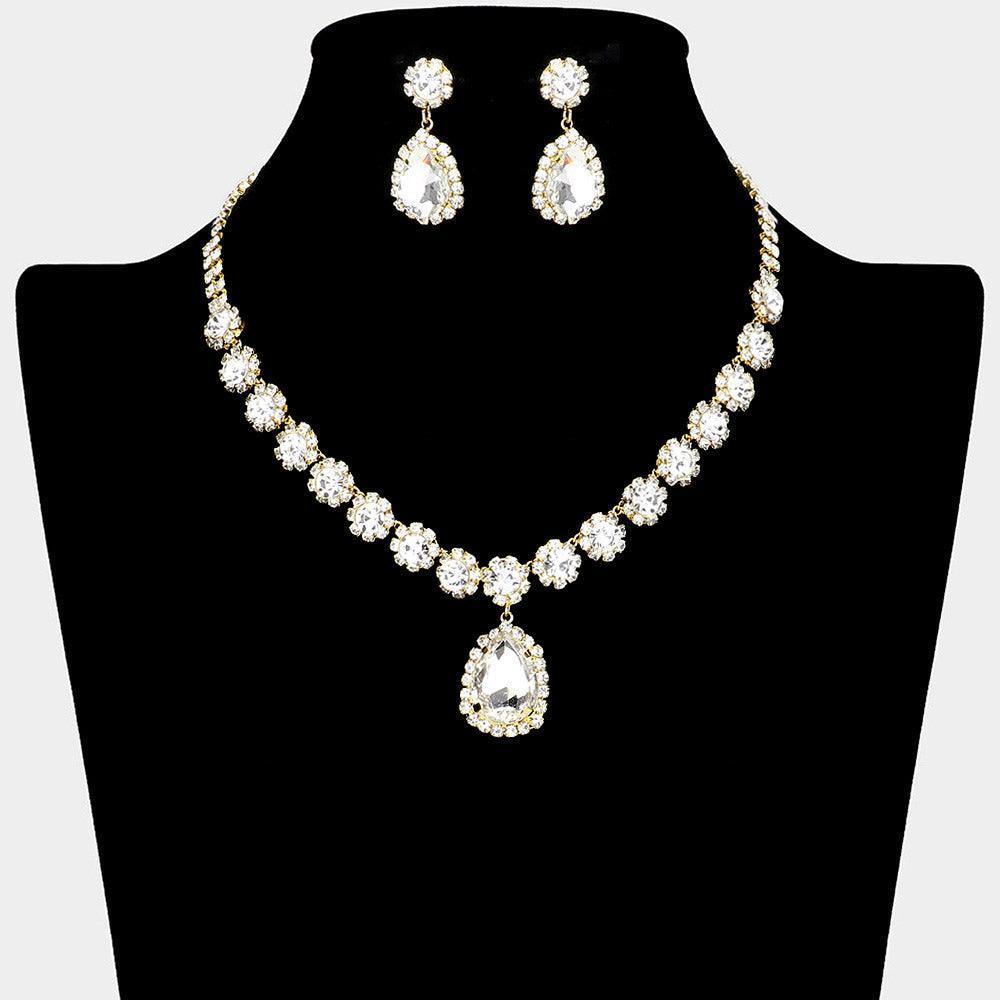 Gold Floral Glass Teardrop Dangle Necklace Rhinestone Paved - Jewelry Store by Erik Rayo