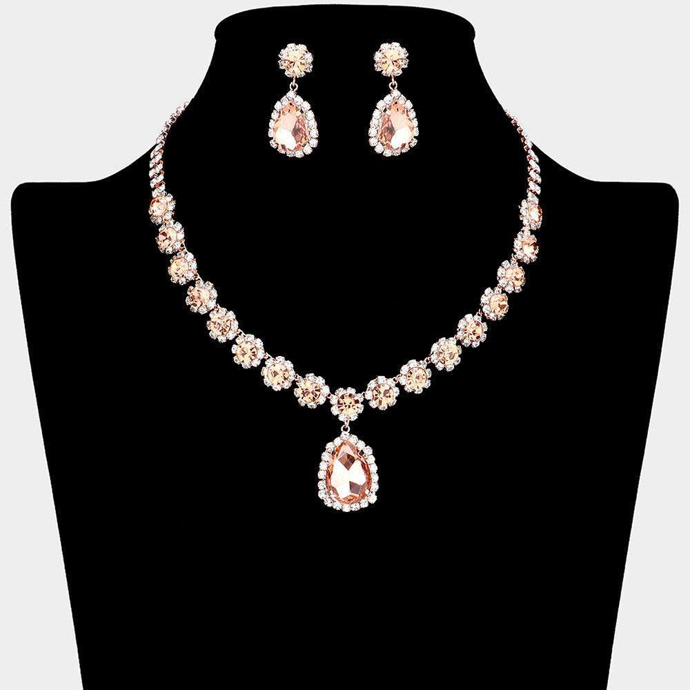 Gold Floral Glass Teardrop Dangle Necklace Rhinestone Paved - Jewelry Store by Erik Rayo