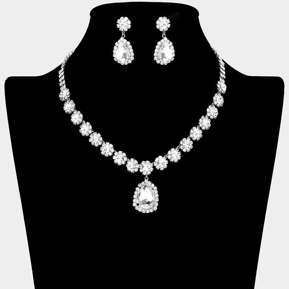 Silver Floral Glass Teardrop Dangle Necklace Rhinestone Paved - Jewelry Store by Erik Rayo