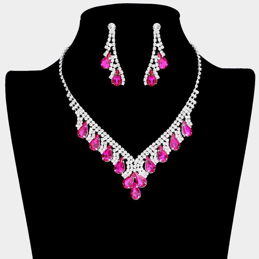 Fuchsia Teardrop Stone Accented Rhinestone Necklace - Jewelry Store by Erik Rayo