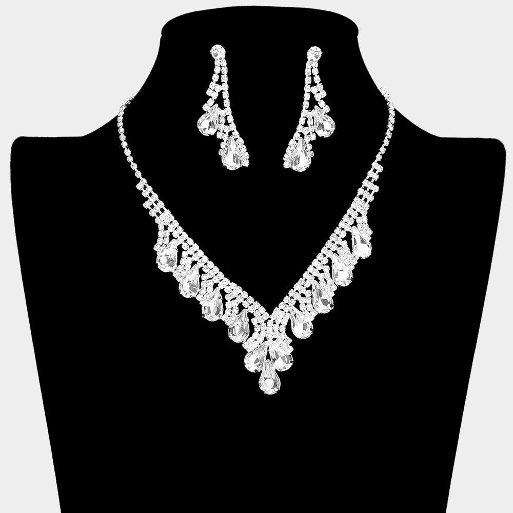 Silver Teardrop Stone Accented Rhinestone Necklace