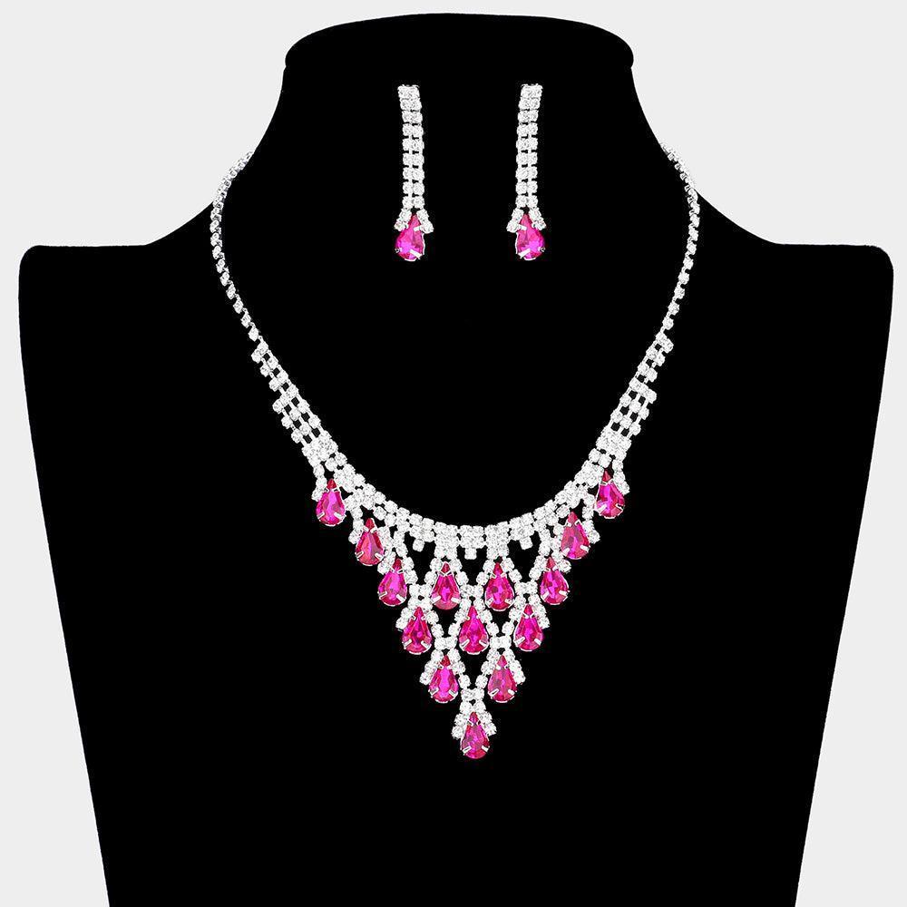 Fuchsia Teardrop Cluster Rhinestone Necklace - Jewelry Store by Erik Rayo