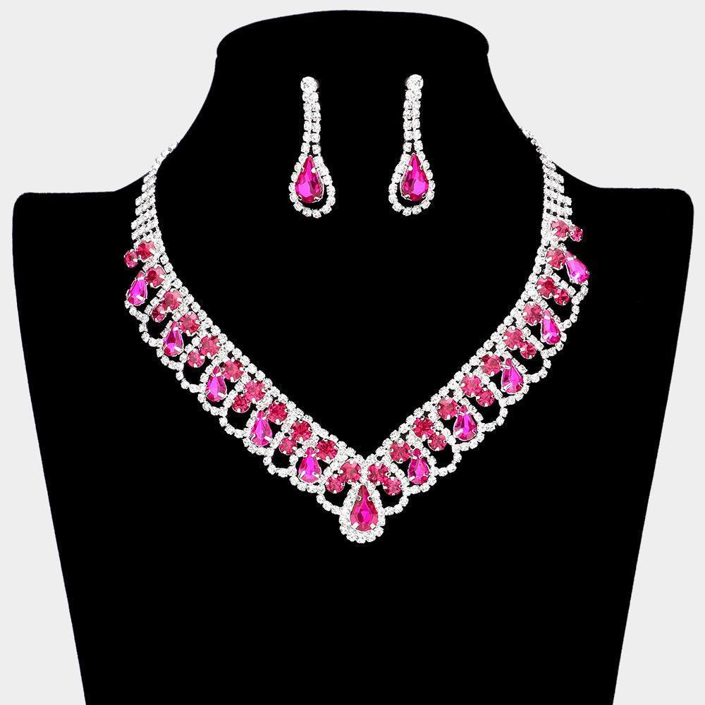 Fuchsia Round Teardrop Stone V Shaped Rhinestone Necklace - Jewelry Store by Erik Rayo