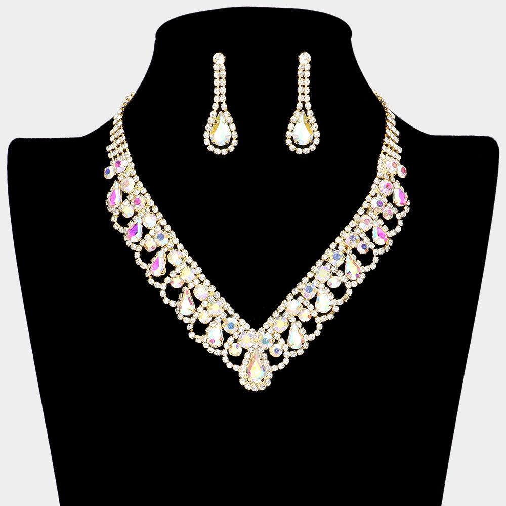 Gold Round Teardrop Stone V Shaped Rhinestone Necklace - Jewelry Store by Erik Rayo