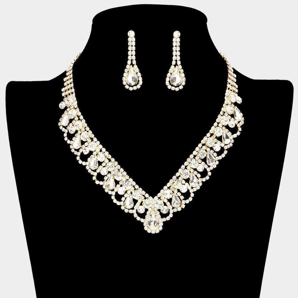 Gold Round Teardrop Stone V Shaped Rhinestone Necklace - Jewelry Store by Erik Rayo