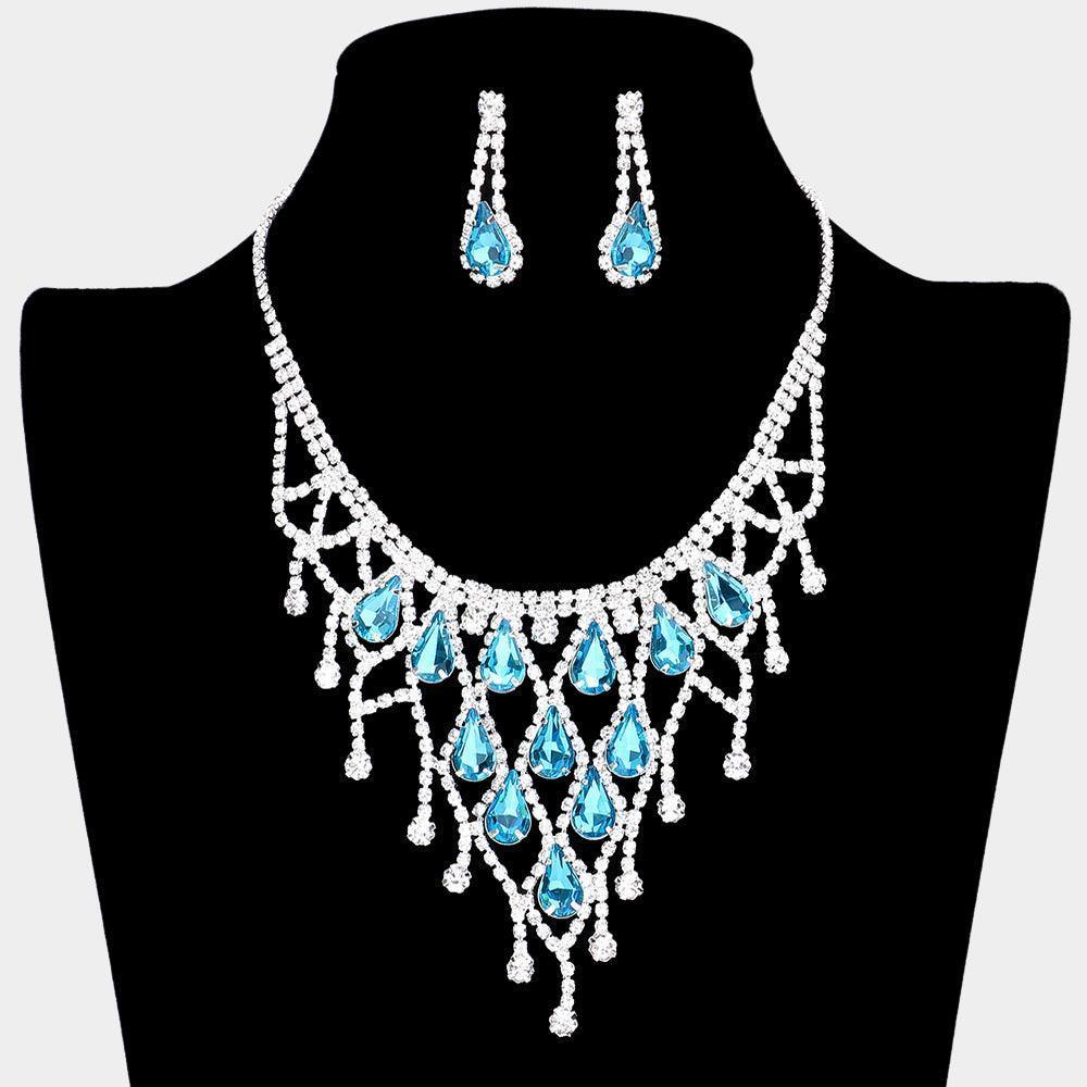 Blue Crystal Teardrop Net Collar Necklace Rhinestone Paved - Jewelry Store by Erik Rayo
