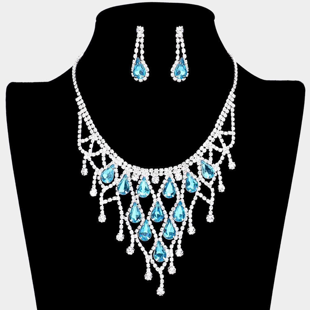 Blue Crystal Teardrop Net Collar Necklace Rhinestone Paved