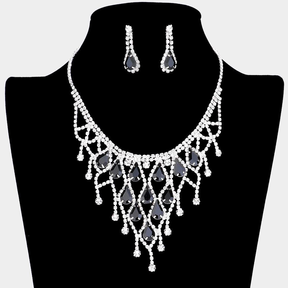 Black Crystal Teardrop Net Collar Necklace Rhinestone Paved