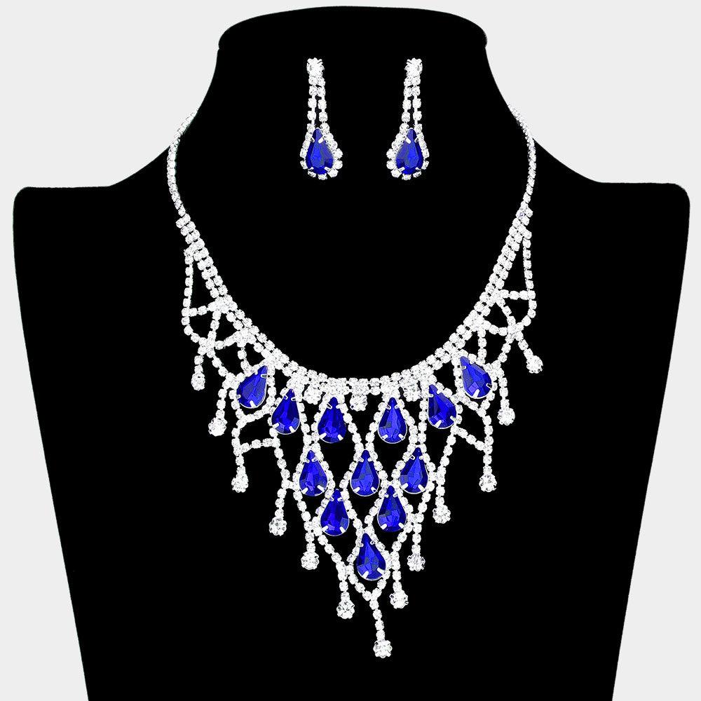 Blue Crystal Teardrop Net Collar Necklace Rhinestone Paved