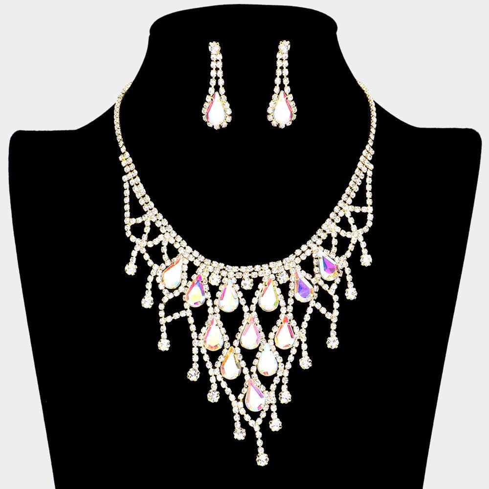 Gold Crystal Teardrop Net Collar Necklace Rhinestone Paved