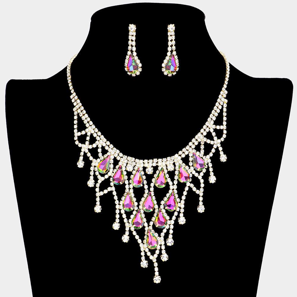 Gold Crystal Teardrop Net Collar Necklace Rhinestone Paved