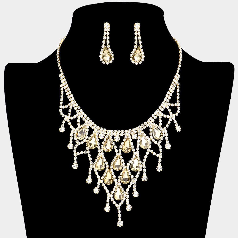 Gold Crystal Teardrop Net Collar Necklace Rhinestone Paved