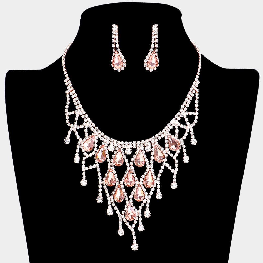 Gold Crystal Teardrop Net Collar Necklace Rhinestone Paved