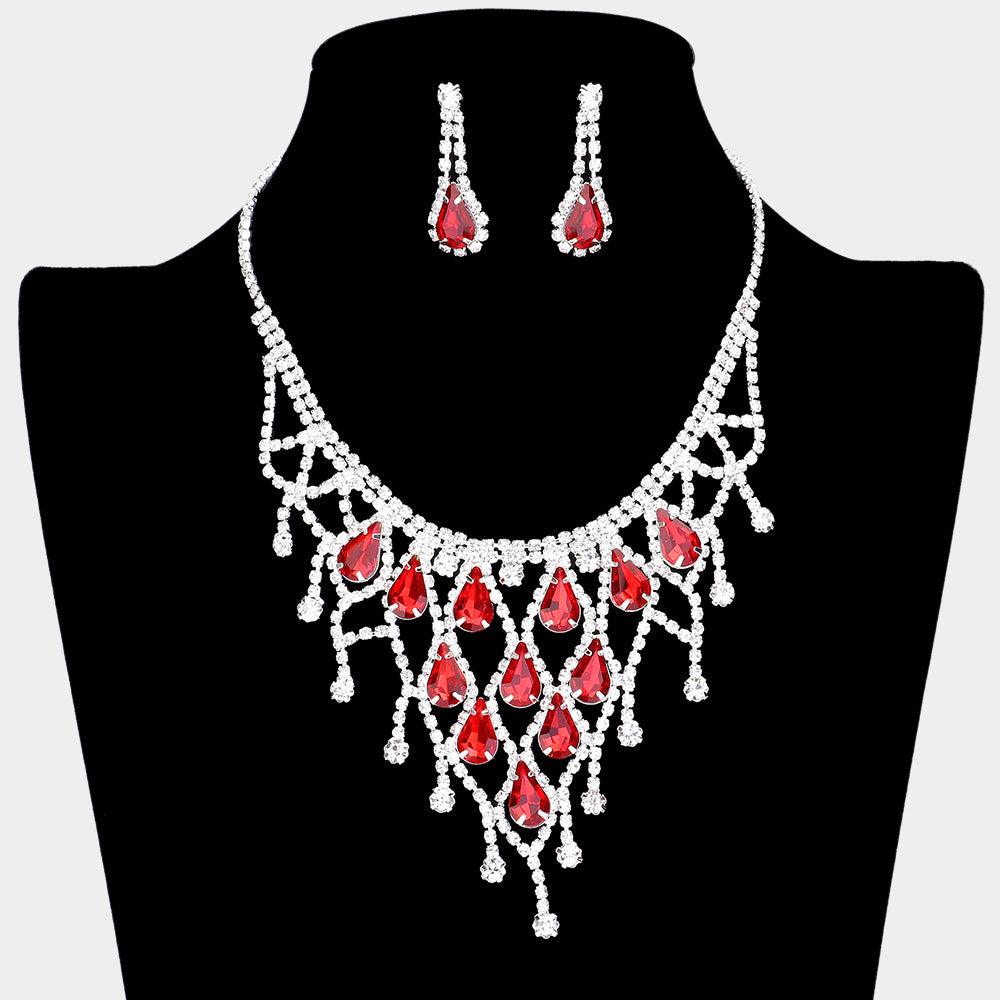 Red Crystal Teardrop Net Collar Necklace Rhinestone Paved