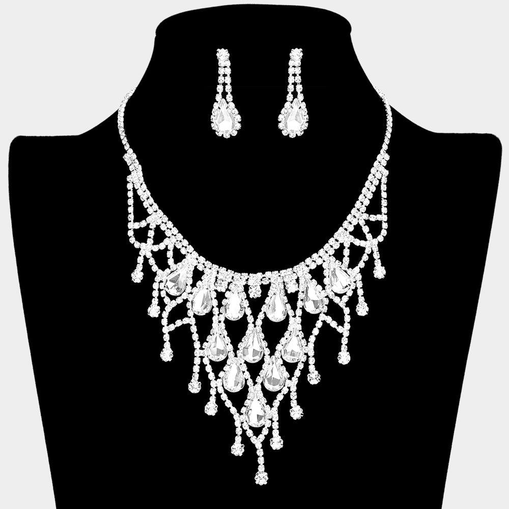 Silver Crystal Teardrop Net Collar Necklace Rhinestone Paved