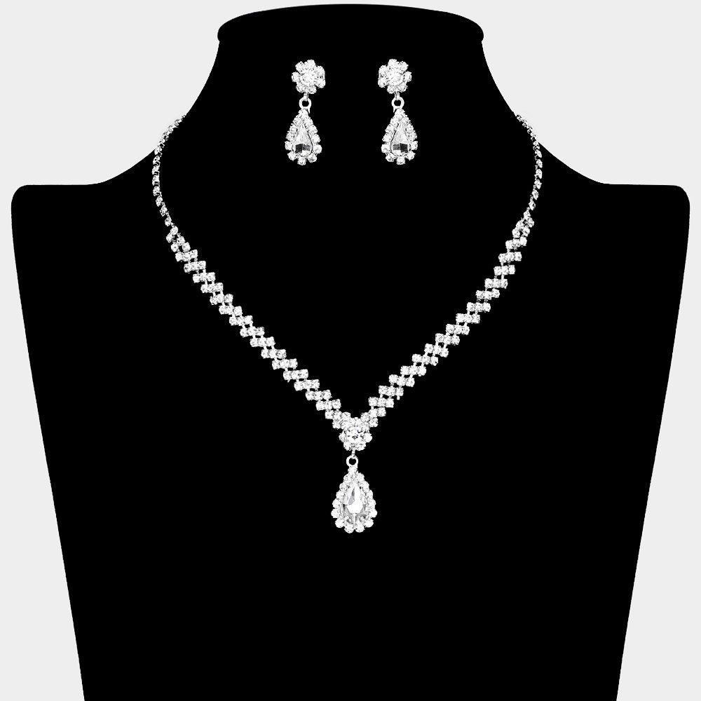 Silver Teardrop Stone Pointed Necklace Rhinestone Paved