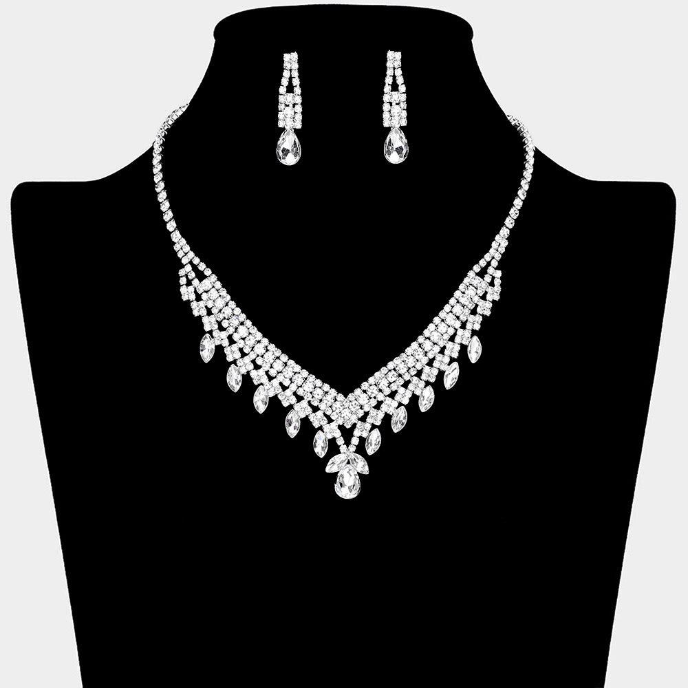 Silver Teardrop Marquise Stone Pointed Necklace Rhinestone Paved