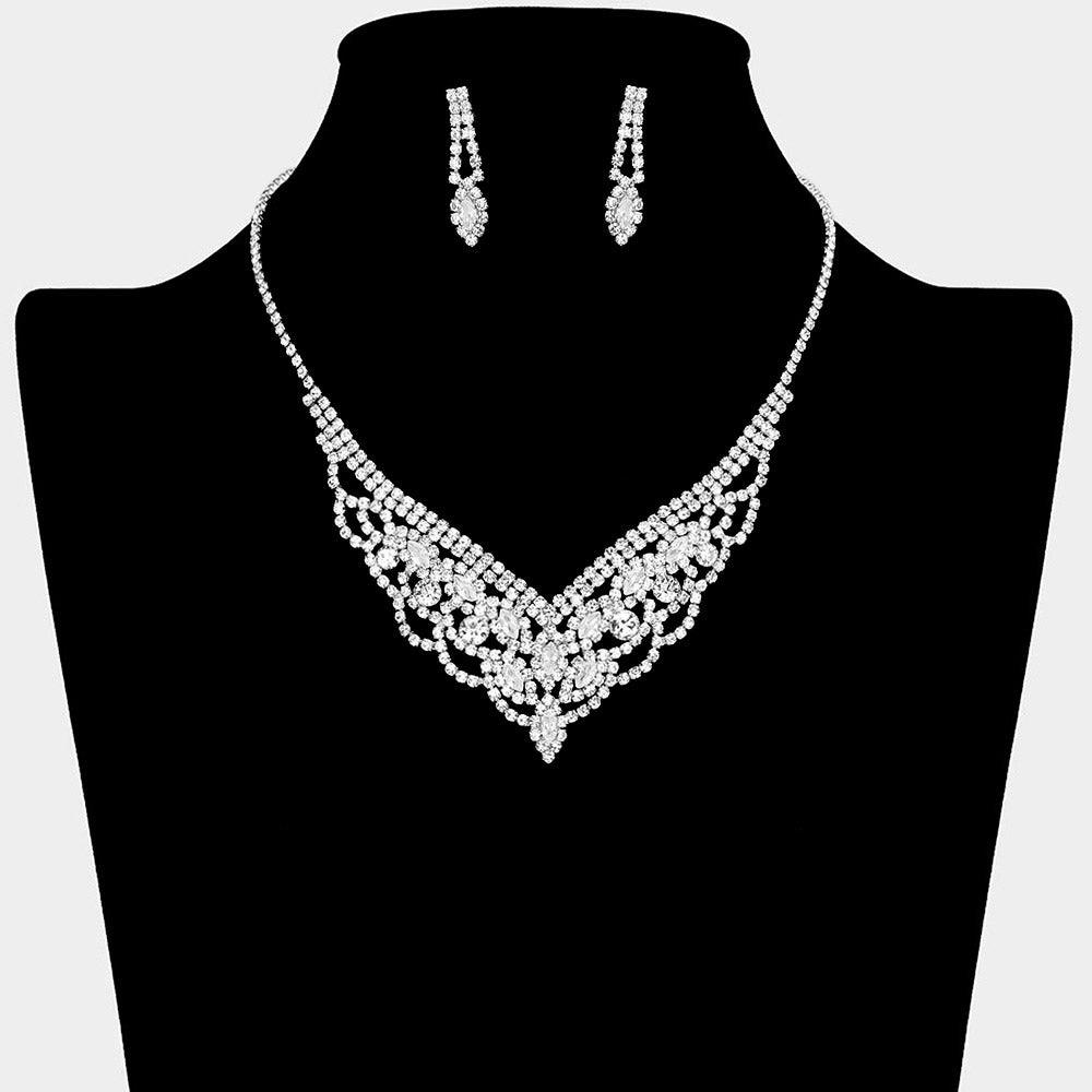 Silver Marquise Stone Pointed Necklace Rhinestone Paved