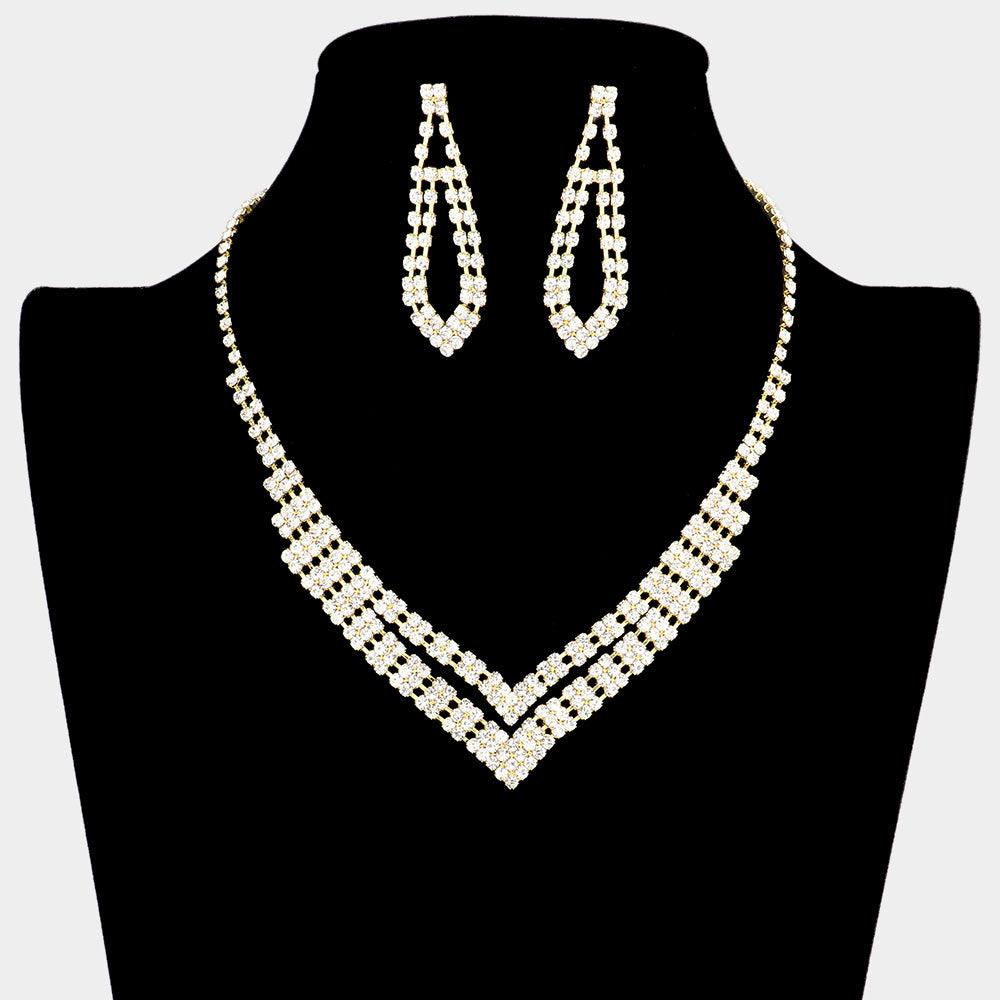 Gold Crystal Rhinestone V-Neck Necklace