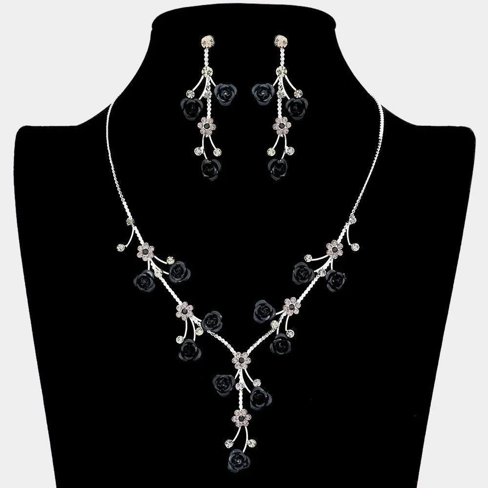 Black Rhinestone Embellished Rose Flower Cluster Vine Necklace - Jewelry Store by Erik Rayo