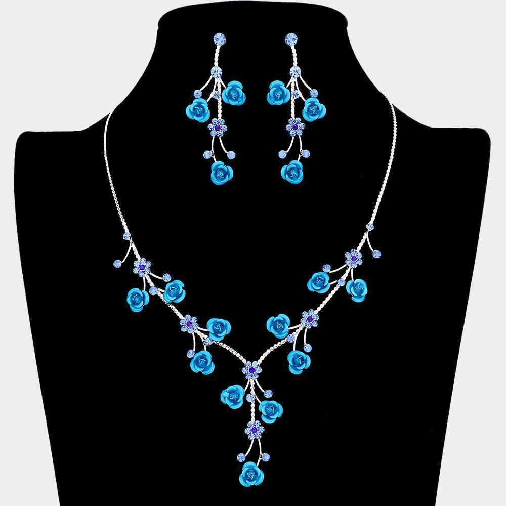 Blue Rhinestone Embellished Rose Flower Cluster Vine Necklace - Jewelry Store by Erik Rayo