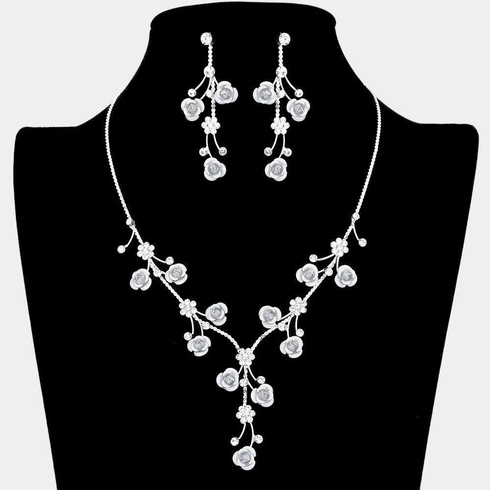 White Rhinestone Embellished Rose Flower Cluster Vine Necklace - Jewelry Store by Erik Rayo