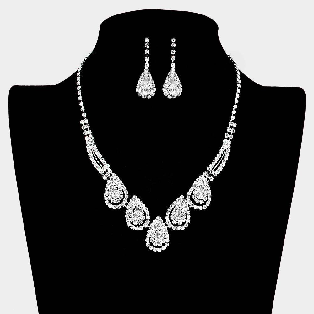 Silver Teardrop Accented Rhinestone Necklace