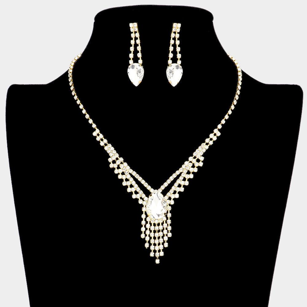 Gold Crystal Rhinestone Droplet Fringe Necklace