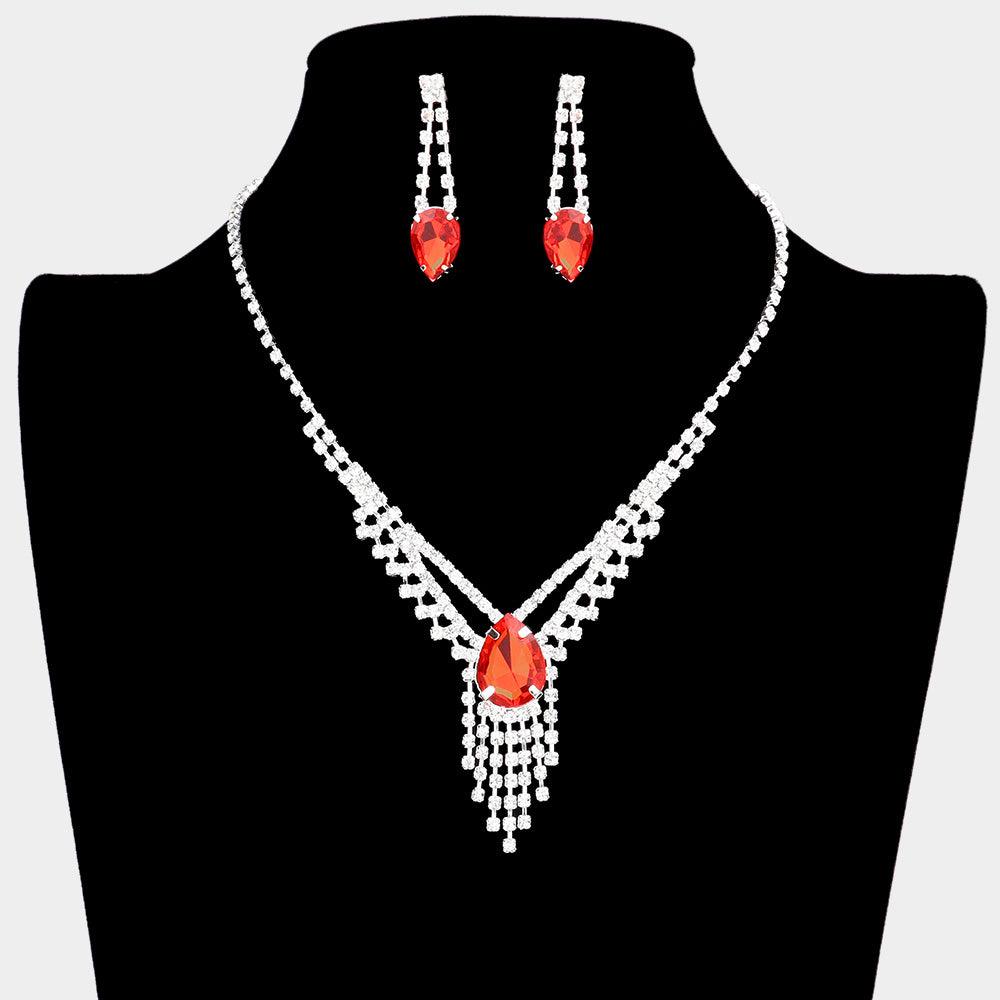 Red Crystal Rhinestone Droplet Fringe Necklace