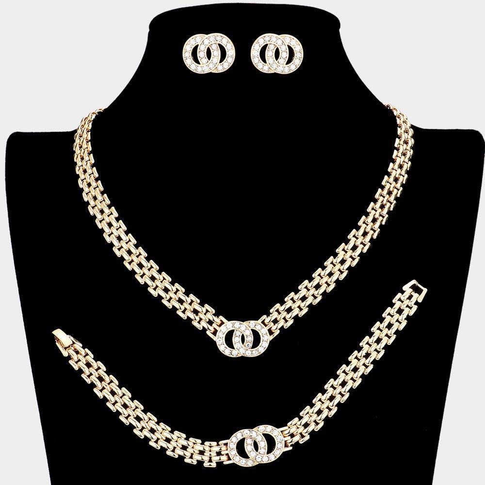 Gold 3 Piece Stone Embellished Double Open Circle Link Necklace Jewelry Set - Jewelry Store by Erik Rayo