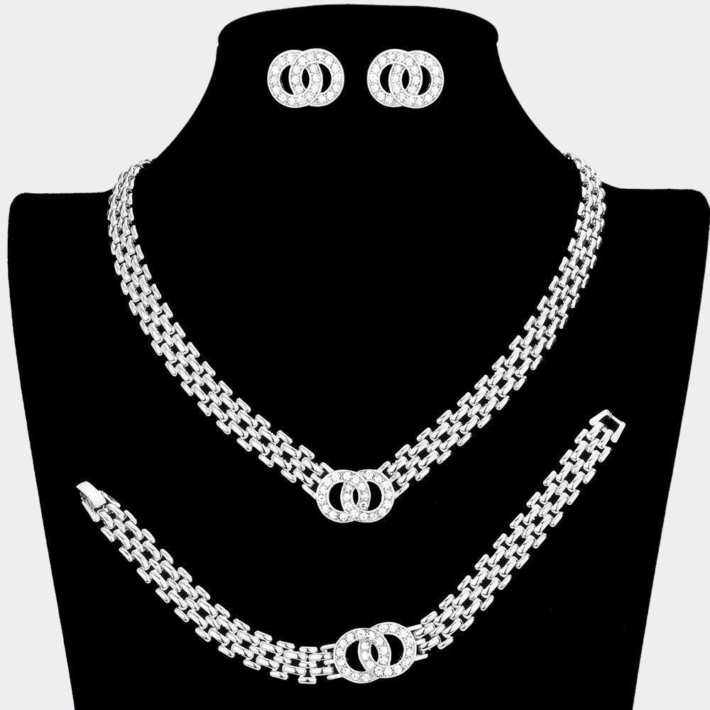 Silver 3 Piece Stone Embellished Double Open Circle Link Necklace Jewelry Set - Jewelry Store by Erik Rayo