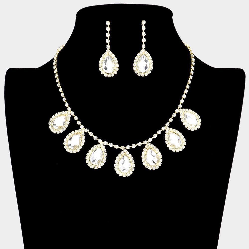 Gold Crystal rhinestone teardrop station necklace