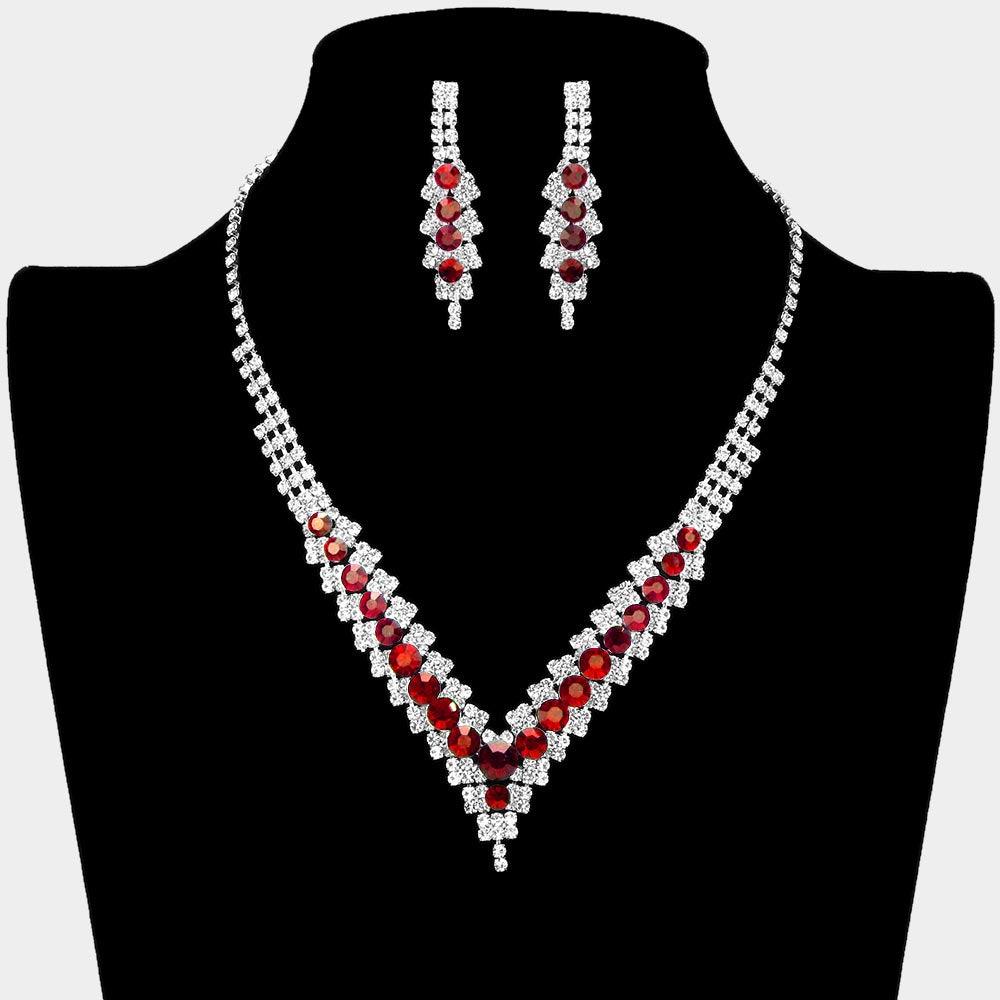 Red V-Neck Collar Rhinestone Necklace