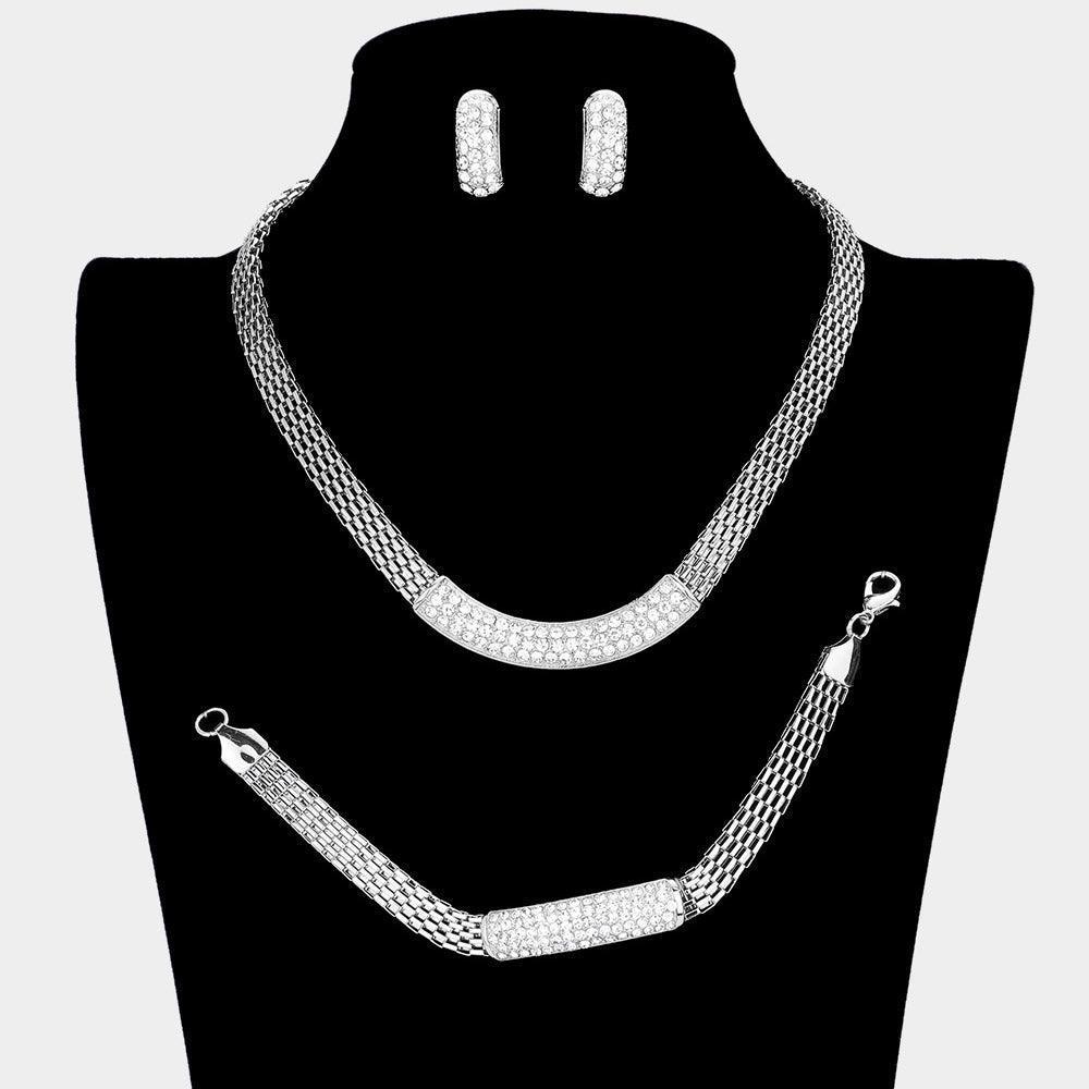 Silver 3 Piece Pendant Accented Mesh Chain Necklace Set Rhinestone Paved - Jewelry Store by Erik Rayo