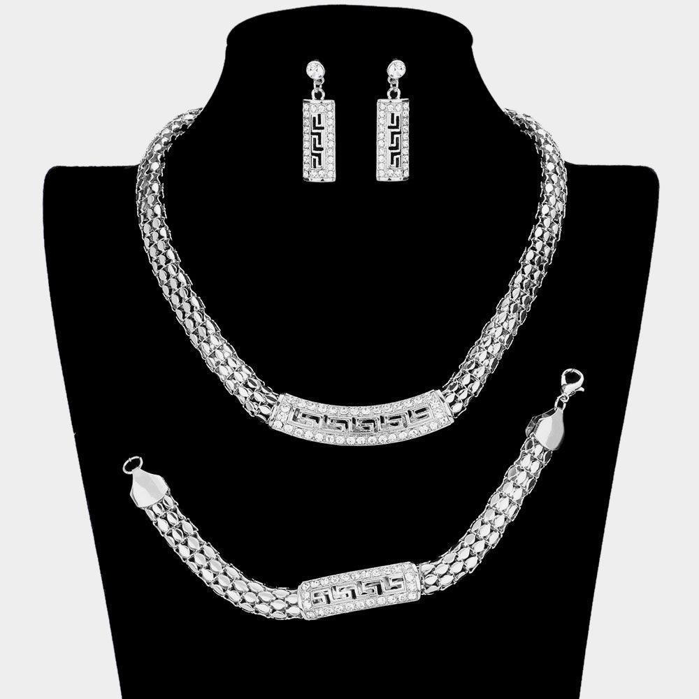 Silver 3 Piece Greek Pattern Pendant Accented Mesh Metal Chain Necklace Set Rhinestone Paved - Jewelry Store by Erik Rayo