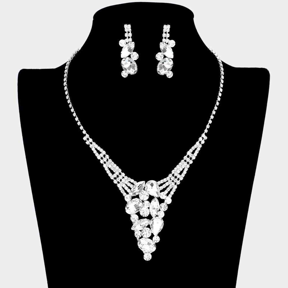 Silver Multi Stone Cluster Rhinestone Necklace