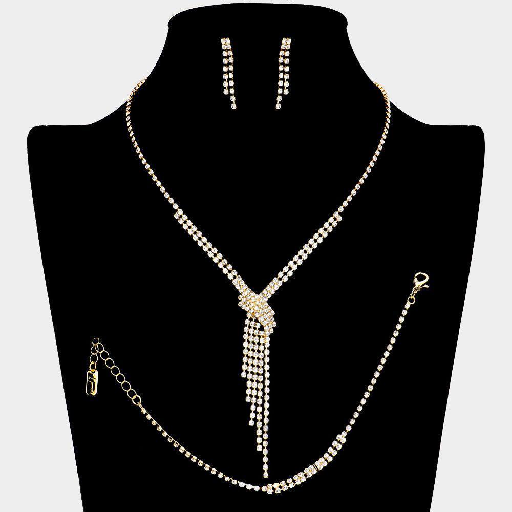 Gold Fringe V Shape Necklace Jewelry Set Rhinestone Paved - Jewelry Store by Erik Rayo