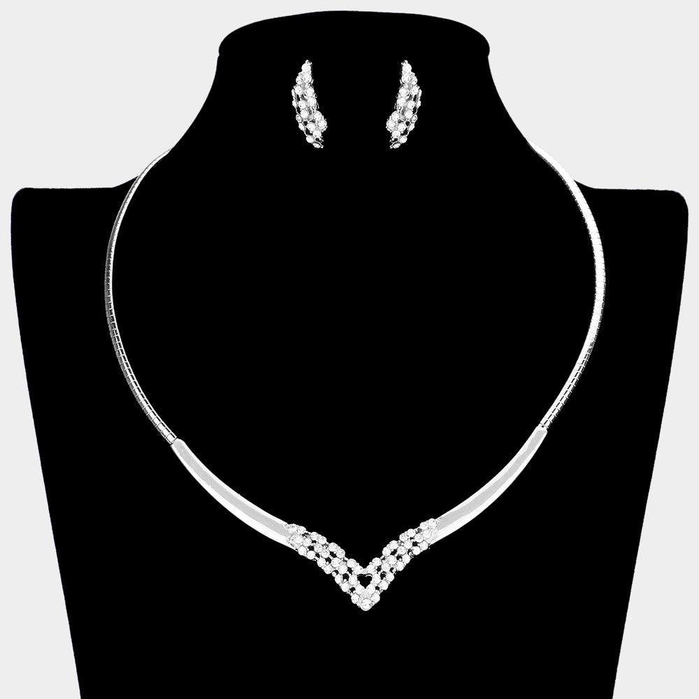 Silver Pave Crystal Rhinestone V Detail Necklace