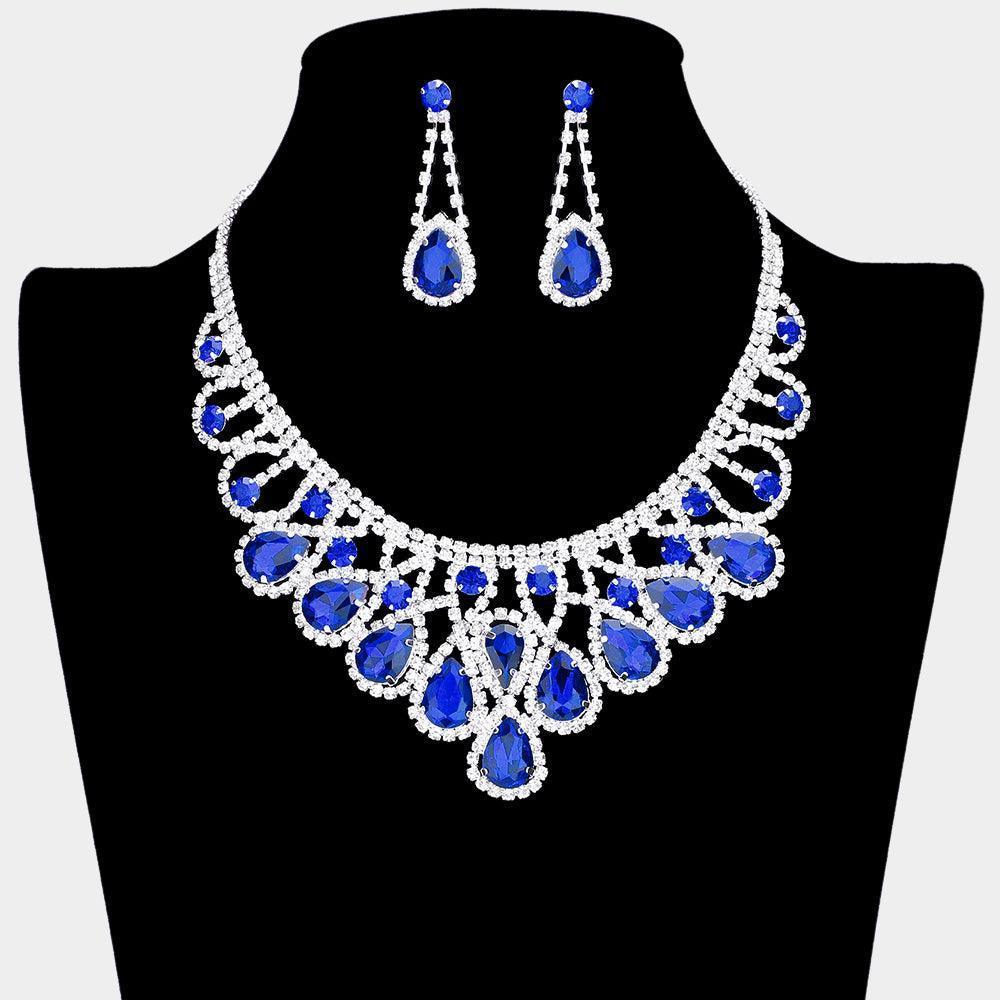 Blue Crystal Teardrop Evening Necklace Rhinestone Paved - Jewelry Store by Erik Rayo
