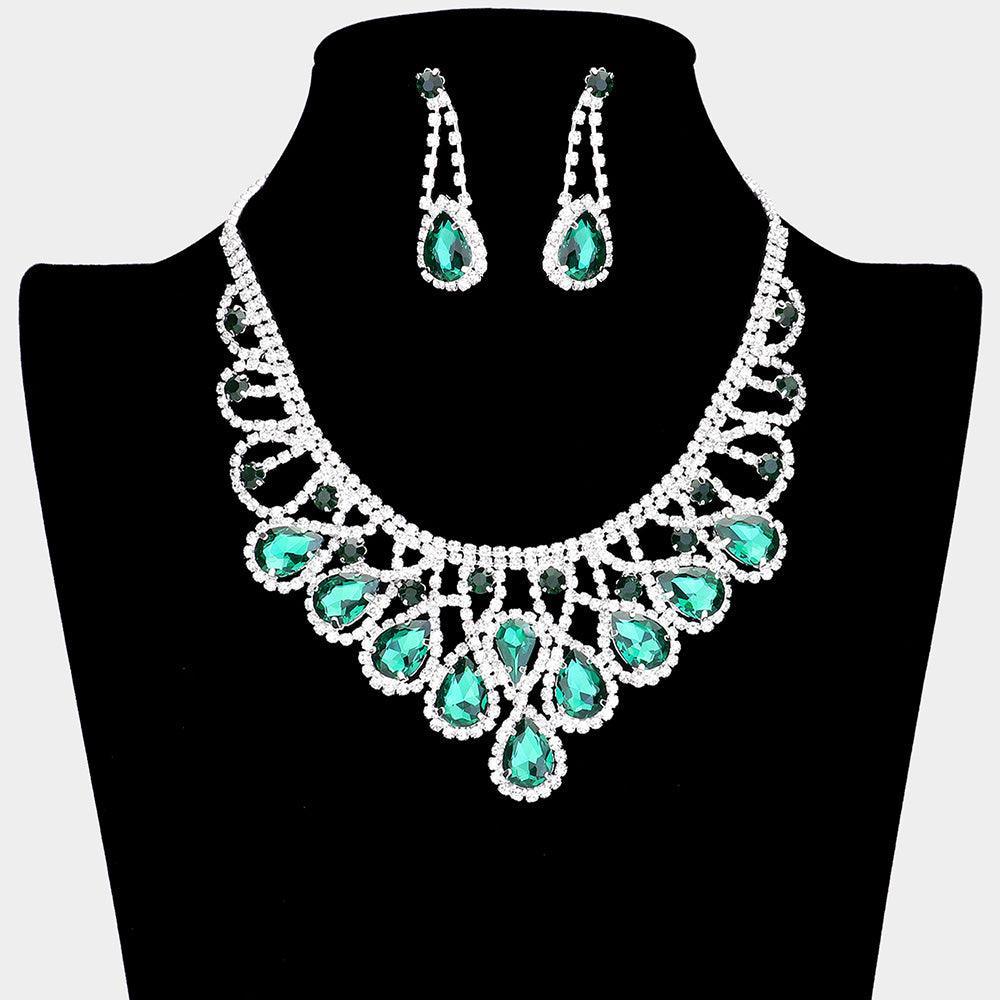 Crystal Teardrop Evening Necklace Rhinestone Paved